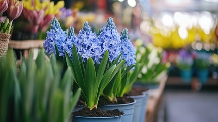 Potted blue hyacinths in vibrant bloom at a flower market, showcasing lush green leaves and stunning floral clusters, ideal for garden enhancement.