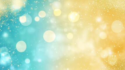 Abstract background of shimmering golden yellow and teal blue glitter lights with blurred bokeh circles, creating a vibrant festive backdrop perfect for events and celebrations.