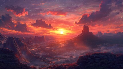 Fototapeta premium Vibrant sunset casting dramatic colors over a rugged mountain landscape with clouds illuminated in fiery hues, creating a breathtaking scenic view.