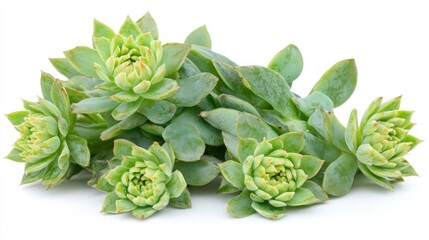 Vibrant green succulent plants arranged artistically against a clean white background, showcasing their unique rosette shapes and lush texture.