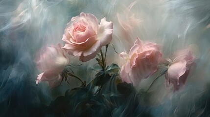 Softly blurred delicate pink roses against a whimsical, dreamy backdrop, perfect for floral arrangements, celebrations, and romantic atmospheres.