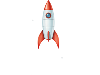 Red and white rocket ship blasts off into space, isolated on transparent white background.