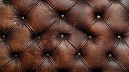 Naklejka premium Textured antique brown leather with tufted design showcasing rich patina and button details, ideal for backgrounds and rustic themes.