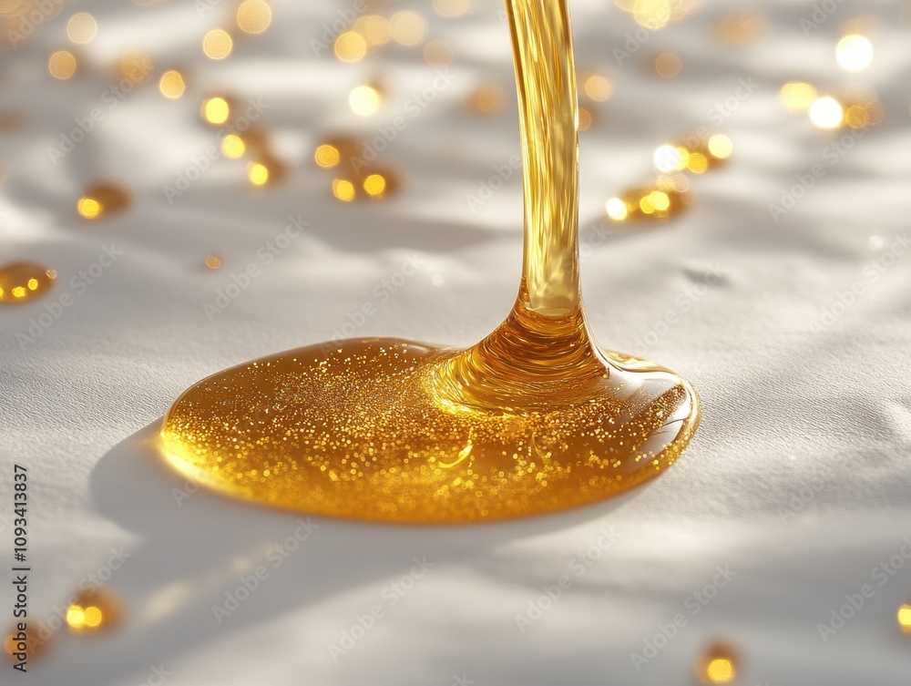 Poster golden honey dripping elegantly on a white surface with sparkling bokeh highlights creating a warm a