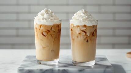 Two tall glasses of iced cappuccino with whipped cream served on a sleek marble board against a light backdrop