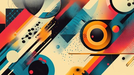 Vibrant Abstract Composition Blending Retro and Modern Design Elements with Geometric Shapes and Bold Colors in a Futuristic Aesthetic