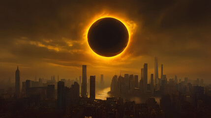 A dramatic photograph of a solar eclipse over a city skyline, with the darkened sun casting an eerie shadow over the buildings below. Solar Eclipse Horizon. Illustration
