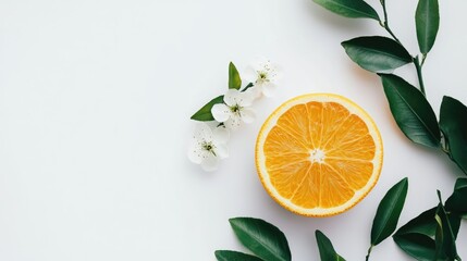 Freshly cut orange half accompanied by delicate white blossoms and green leaves against a clean white background.