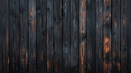 Naklejka premium A weathered black wooden wall with subtle warm highlights, creating a rustic and textured feel.