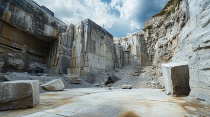 Granite Quarry with Stone Crusher Machinery Detailing Rocky Terrain and Extraction Process Under Dramatic Cloudy Sky