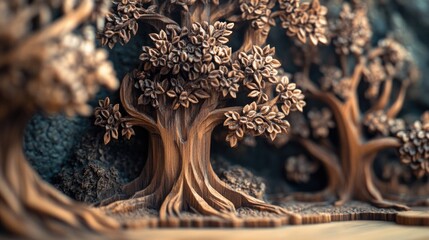 Intricately carved wooden trees with detailed leaves and textured terrain showcasing craftsmanship and natural beauty.