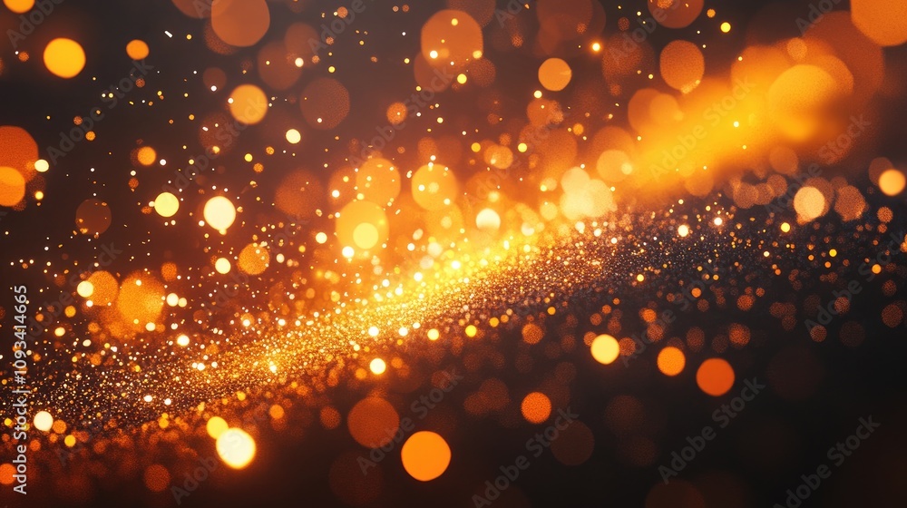 Poster illuminated particle swarm in fluid motion with vibrant orange and gold specks on a dark background