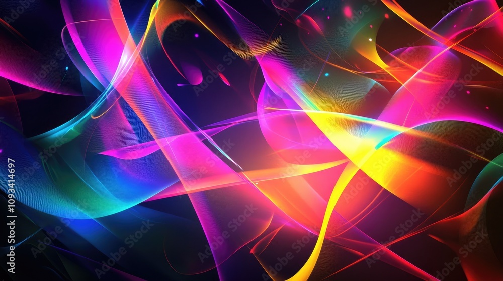 Poster vibrant neon abstract design featuring a dynamic network of colorful curves and lines illuminated ag