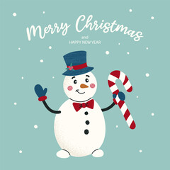 Celebration card with hand drawn snowman dressed hat, bow tie, candy and text Merry Christmas on green background. Noise texture effect. For poster, cover, label