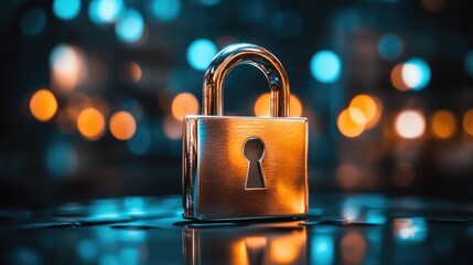 Shiny padlock symbolizing security and encryption in blockchain technology with vibrant bokeh background illustrating digital safety concepts.