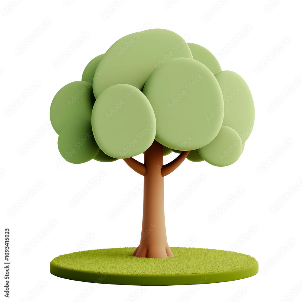 Poster 3d tree with a round green canopy and a smooth trunk placed on a grass base, offering a vibrant and 