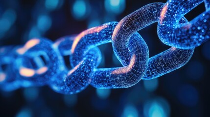 Close-up of a glowing blue blockchain link symbolizing internet security and data protection in a technological environment.