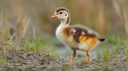 Egyptian goose chick standing in a spring meadow, displaying soft down feathers and distinctive markings characteristic of Alopochen aegyptiaca.