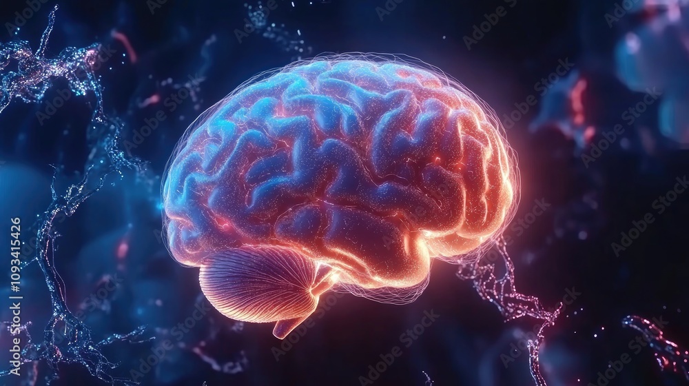 Poster intricate 3d rendering of an active human brain illuminated in blue and pink against a dark backgrou