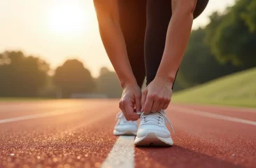 Vitrage gordijnen Runner tying shoelaces on track during sunrise, athletic preparation and fitness motivation concept © Aksana