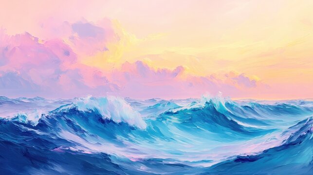 Vibrant abstract ocean scene with pastel waves and a radiant pink sky, showcasing bold brush strokes in blue, purple, and yellow for a tropical summer vibe.