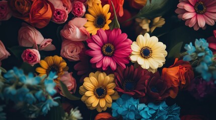 Fototapeta premium Colorful floral bouquet featuring various vibrant blooms including pink and yellow daisies, roses, and blue flowers, viewed from a top-down perspective.