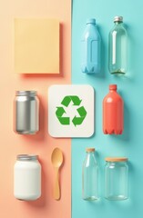 Recycling Symbol with Colorful Plastic, Glass, Metal Containers and Cardboard Arranged on Pastel Background Concept