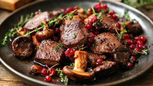 Close-up of succulent fried venison medallions served with saut&Atilde;&copy;ed wild mushrooms and vibrant berries on a rustic plate, perfect for culinary showcases.