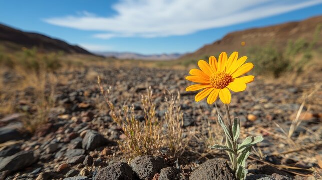 Bright yellow flower thriving in dry, cracked soil under a vast blue sky, surrounded by arid landscape and rocky terrain.