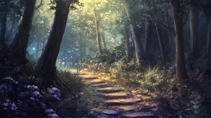 Serene forest path illuminated by soft sunlight with vibrant foliage and flowers creating a tranquil, inviting atmosphere for nature lovers.