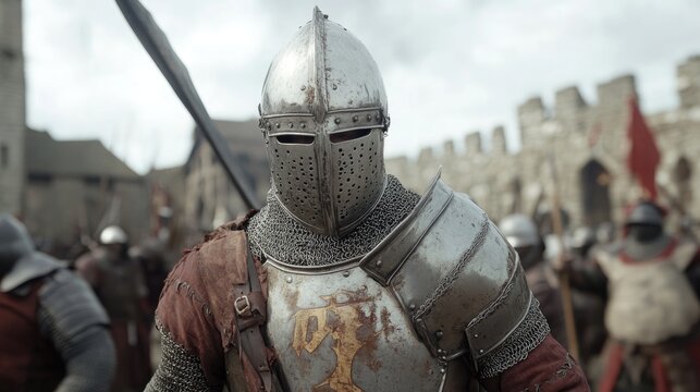 Medieval battle scene featuring armored knights in full gear, with one knight prominently in the foreground, ready for combat against a backdrop of soldiers and banners.