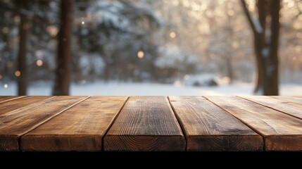 Fototapeta premium Warm wooden tabletop in front of a softly blurred winter forest scene, bathed in sunlight, perfect for product display or overlay. High-quality image.