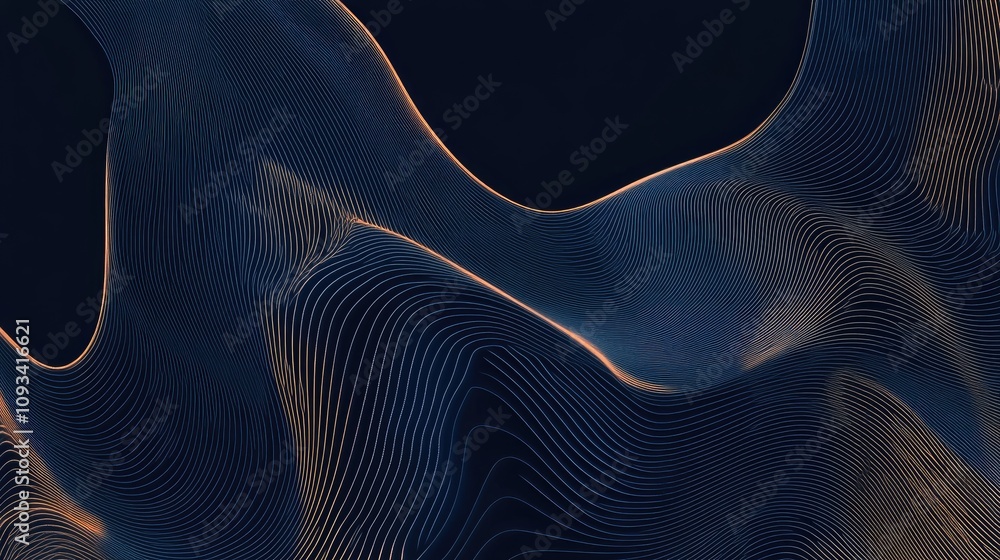 Poster dynamic swirling lines in shades of blue and gold create an abstract background, evoking technology 
