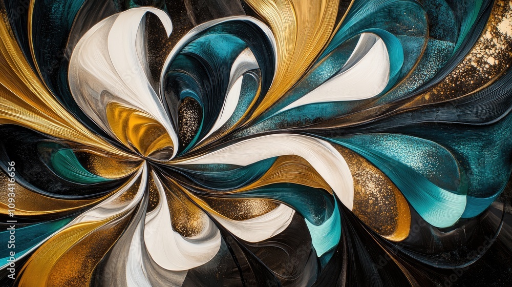 Poster mesmerizing abstract art showcasing fluid gold, white, and teal forms intertwining against a dramati
