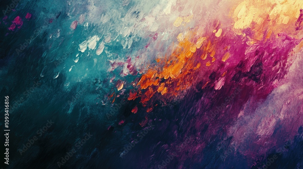 Poster vibrant abstract texture with multi-colored paint strokes in an impressionistic style, offering spac