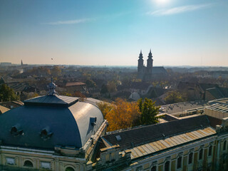 Catholic Cathedral Towers Over City - Aerial Drone View, Subotica Serbia