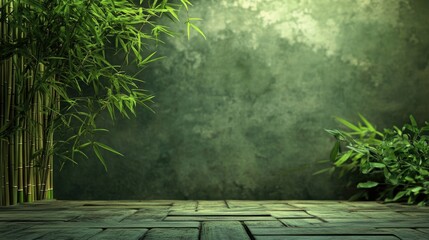 Lush green bamboo leaves with textured bamboo wall backdrop and a spacious area for text insertion creating a serene and natural atmosphere.