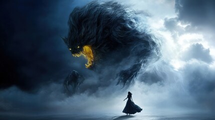 Naklejka premium A woman stands in front of a monster with a glowing eye