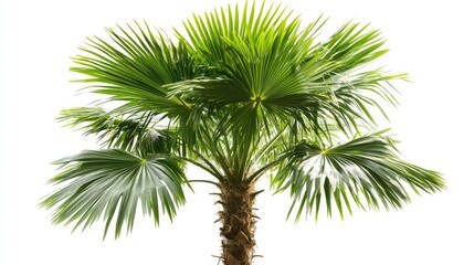 Stunning closeup of a vibrant palm tree with lush green fronds against a pure white background highlighting its natural beauty and elegance.