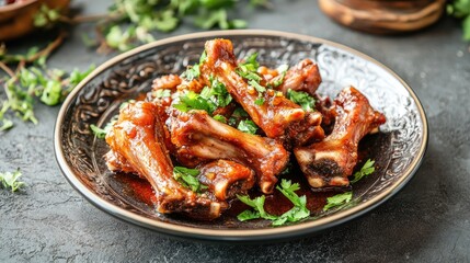 Savory roasted pig feet garnished with fresh herbs on an elegant dark plate, showcasing rich sauce and tender meat.