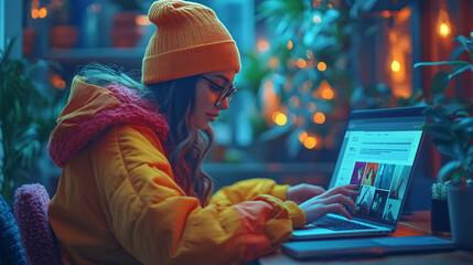 Obraz premium a young woman wearing a colorful jacket and beanie, sitting at a table and working on a laptop. The scene is lit with vibrant, colorful, artificial lighting. The overall aesthetic is trendy and mode