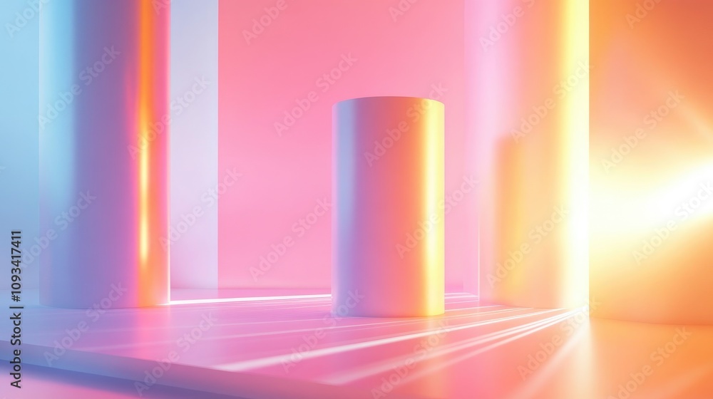 Poster vibrant neon gradient backdrop with soft light rays and geometric shapes for modern product showcase