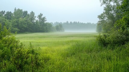 Obraz premium Lush green grass thrives in a foggy marshland, dotted with scattered shrubs and dense trees, creating a serene and tranquil atmosphere.