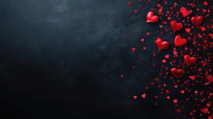 Valentine's Day card design showcasing vibrant red heart confetti scattered across a black slate chalkboard, creating a romantic backdrop with space for personalized messages.