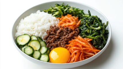 Colorful Homemade Bibimbap with White Rice, Fresh Vegetables, Beef, and a Sunny-Side Up Egg in a Simple Bowl on a White Background