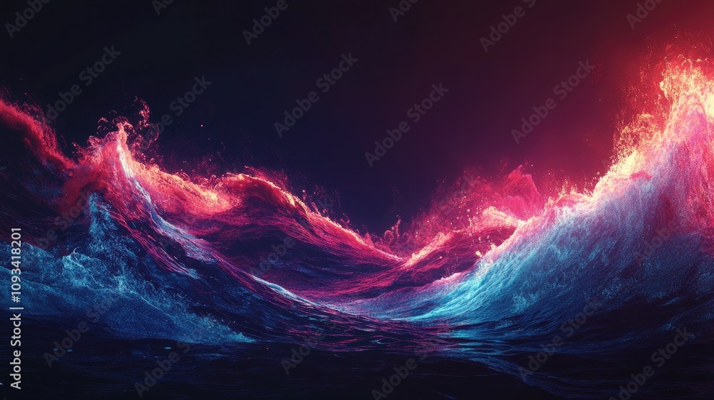 Poster futuristic neon wave artwork with vivid colors on a dark background, featuring dynamic fluid motion 
