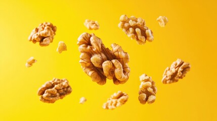 Obraz premium Levitating whole and cracked walnuts against a vibrant yellow background highlighting healthy snacking and superfood qualities. Perfect for nutrition-focused advertising.