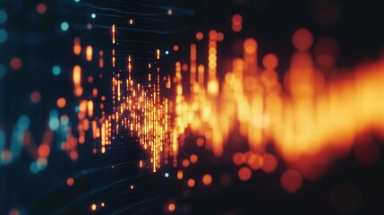 Obraz premium Dynamic audio waveform visualization glowing in vibrant orange and blue hues against a deep black background, creating a striking contrast.