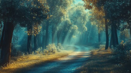 Serene forest path bathed in soft spring light, lined with tall trees and gentle greenery, creating a tranquil atmosphere for peaceful strolls.