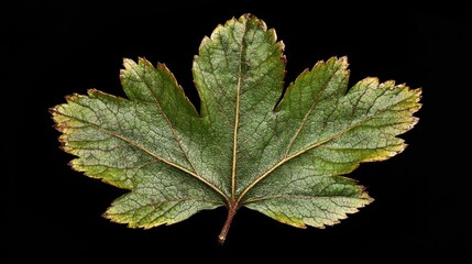 Detailed Close-up of a Hawthorn Leaf Showcasing Intricate Veins and Vibrant Green Color Against a Black Background